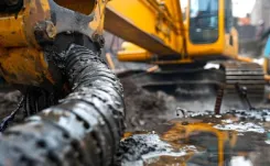 Image of excavator with hydraulic hose on construction site.