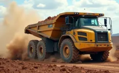 Yellow off-road dump truck driving along a dirt road thumbnail