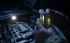 Mechanic collecting lubrication samples from car engine