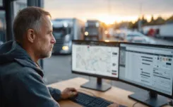 Logistics manager sat at a computer managing fleet operations.